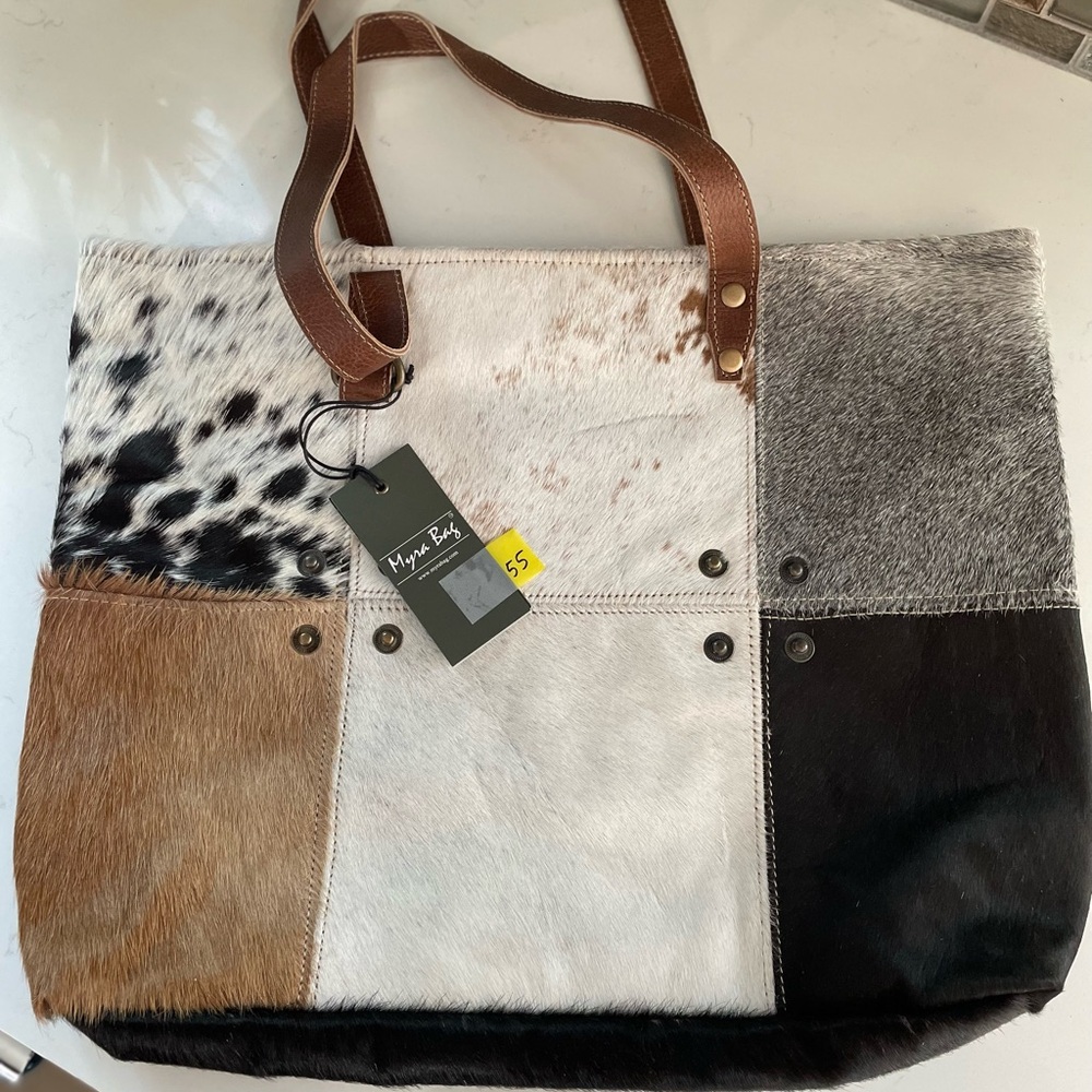 S1163 multi patch cowhide tote